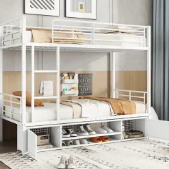 Lit Superposé 90x200 cm - Lit enfant en Métal avec Rangement Chaussures et 2 Tiroirs, Protection Latérale - Sans Matelas - Blanc>Okwish Clearance