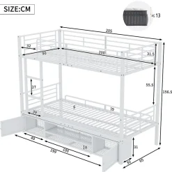 Lit Superposé 90x200 cm - Lit enfant en Métal avec Rangement Chaussures et 2 Tiroirs, Protection Latérale - Sans Matelas - Blanc><noscript><img width=