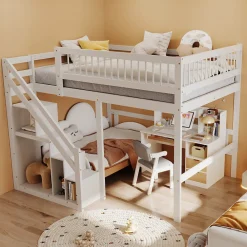 Lit superposé 140x200 cm - Lit enfant avec escalier et rangement - Pin massif + MDF - Sans matelas - Blanc>Okwish