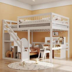 Lit superposé 140x200 cm - Lit enfant avec escalier et rangement - Pin massif + MDF - Sans matelas - Blanc>Okwish