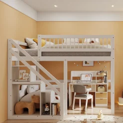 Lit superposé 140x200 cm - Lit enfant avec escalier et rangement - Pin massif + MDF - Sans matelas - Blanc><noscript><img width=
