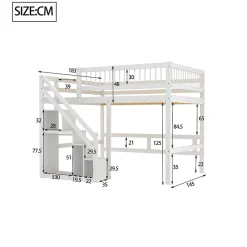 Lit superposé 140x200 cm - Lit enfant avec escalier et rangement - Pin massif + MDF - Sans matelas - Blanc><noscript><img width=