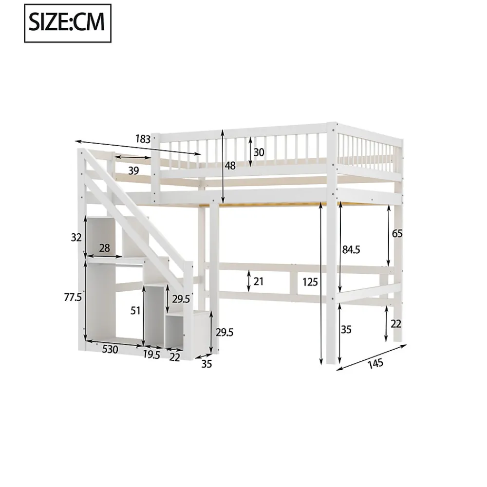 Lit superposé 140x200 cm - Lit enfant avec escalier et rangement - Pin massif + MDF - Sans matelas - Blanc>Okwish