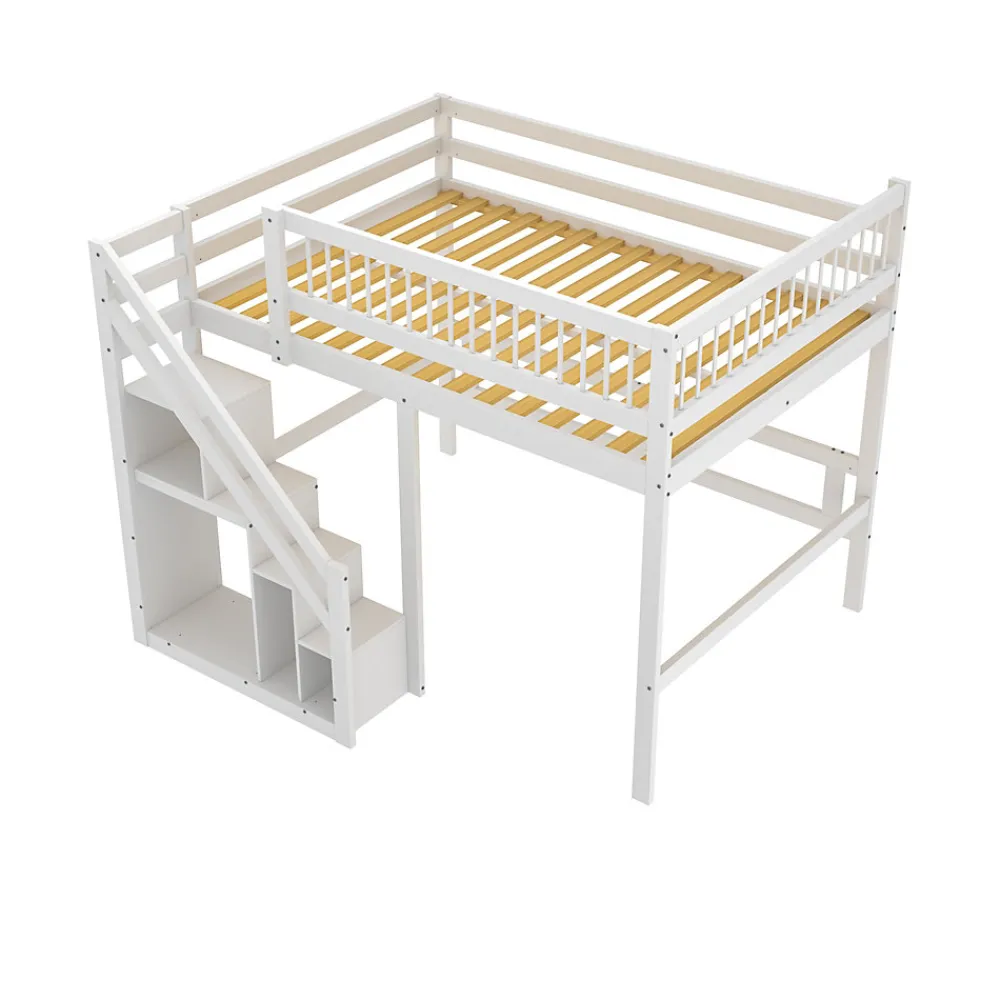 Lit superposé 140x200 cm - Lit enfant avec escalier et rangement - Pin massif + MDF - Sans matelas - Blanc>Okwish