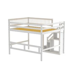 Lit superposé 140x200 cm - Lit enfant avec escalier et rangement - Pin massif + MDF - Sans matelas - Blanc><noscript><img width=