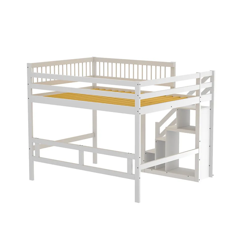 Lit superposé 140x200 cm - Lit enfant avec escalier et rangement - Pin massif + MDF - Sans matelas - Blanc>Okwish
