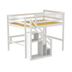 Lit superposé 140x200 cm - Lit enfant avec escalier et rangement - Pin massif + MDF - Sans matelas - Blanc><noscript><img width=