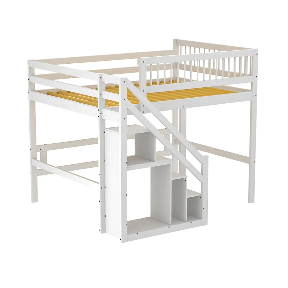 Lit superposé 140x200 cm - Lit enfant avec escalier et rangement - Pin massif + MDF - Sans matelas - Blanc>Okwish