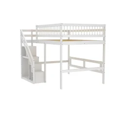 Lit superposé 140x200 cm - Lit enfant avec escalier et rangement - Pin massif + MDF - Sans matelas - Blanc><noscript><img width=