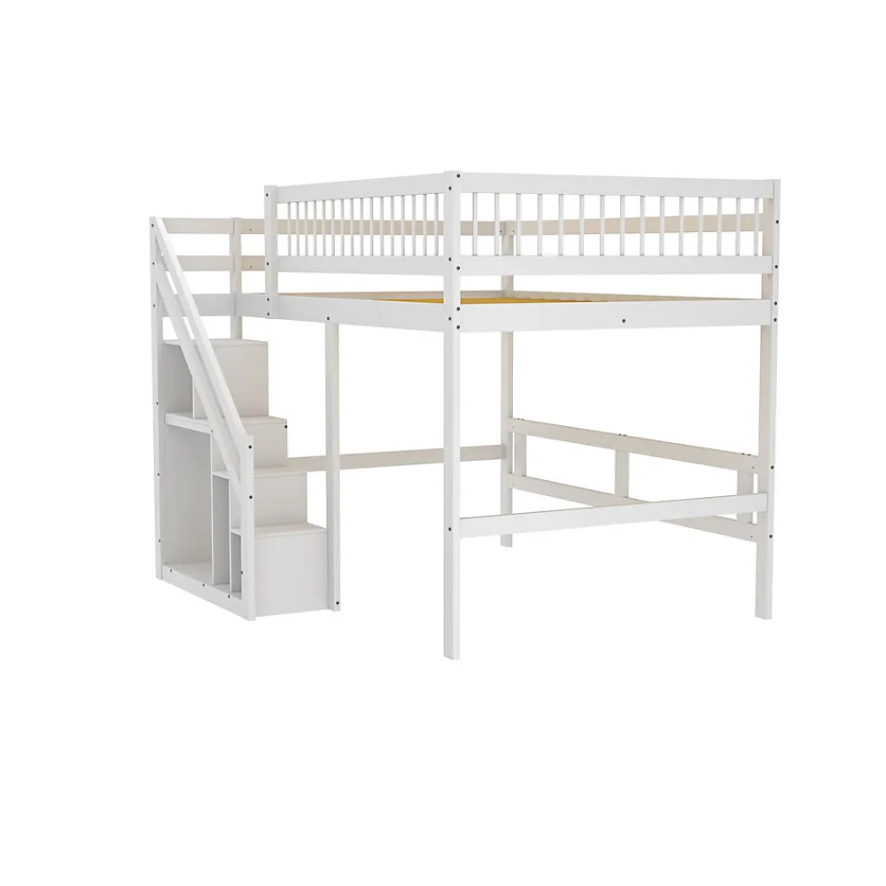 Lit superposé 140x200 cm - Lit enfant avec escalier et rangement - Pin massif + MDF - Sans matelas - Blanc>Okwish