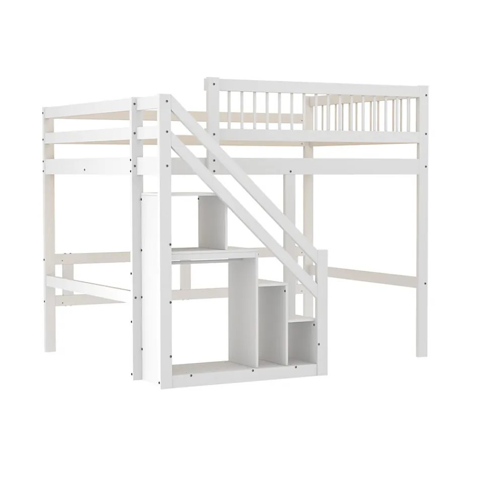 Lit superposé 140x200 cm - Lit enfant avec escalier et rangement - Pin massif + MDF - Sans matelas - Blanc>Okwish