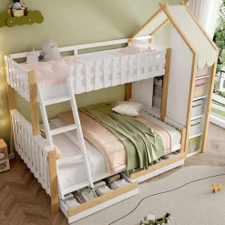 Lit Superposé 90x200 cm - Lit Enfant avec 2 Tiroirs et Barrières de Sécurité - Design Bois - Sans Matelas - Blanc+Naturel>Okwish Discount