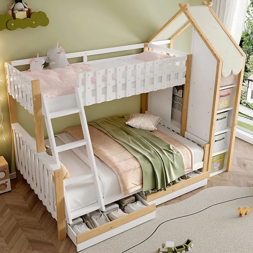 Lit Superposé 90x200 cm - Lit Enfant avec 2 Tiroirs et Barrières de Sécurité - Design Bois - Sans Matelas - Blanc+Naturel>Okwish Discount