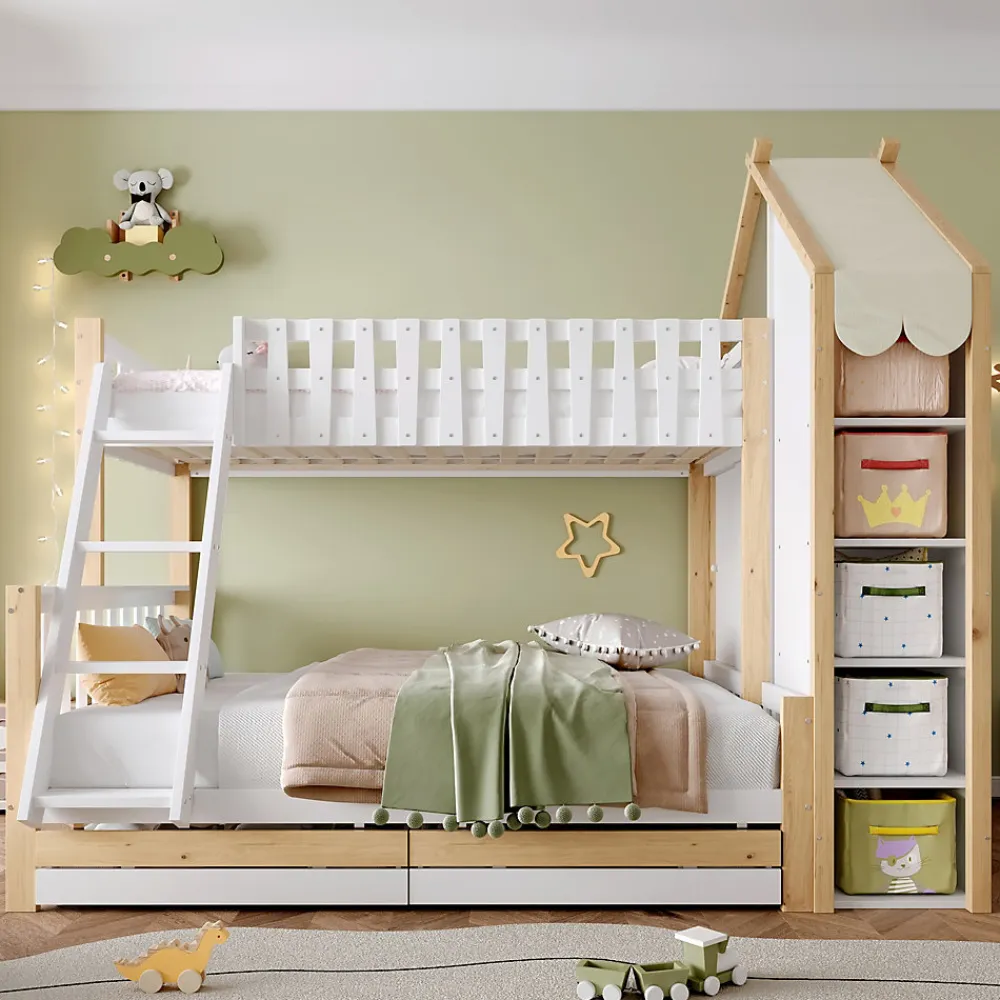 Lit Superposé 90x200 cm - Lit Enfant avec 2 Tiroirs et Barrières de Sécurité - Design Bois - Sans Matelas - Blanc+Naturel>Okwish Discount