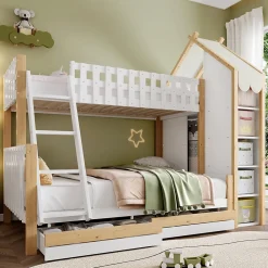 Lit Superposé 90x200 cm - Lit Enfant avec 2 Tiroirs et Barrières de Sécurité - Design Bois - Sans Matelas - Blanc+Naturel><noscript><img width=