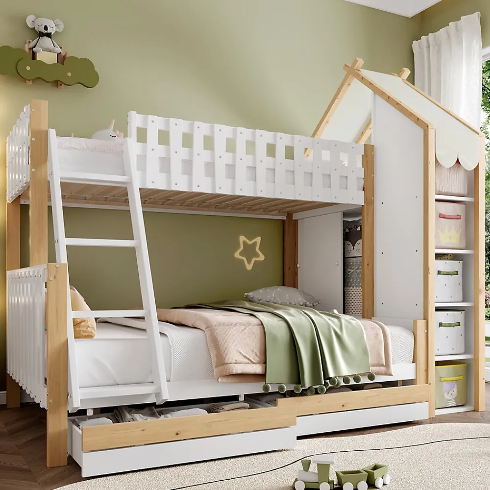Lit Superposé 90x200 cm - Lit Enfant avec 2 Tiroirs et Barrières de Sécurité - Design Bois - Sans Matelas - Blanc+Naturel>Okwish Discount