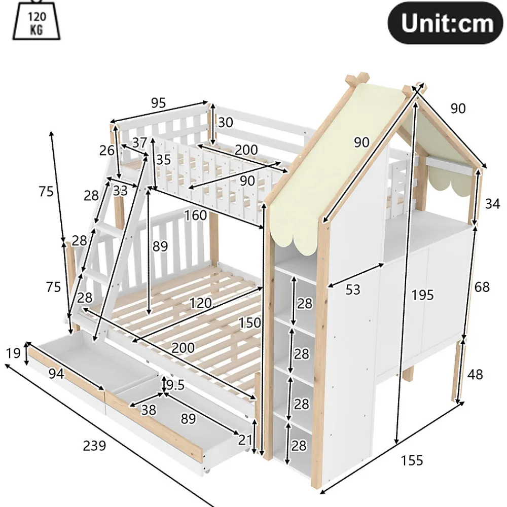 Lit Superposé 90x200 cm - Lit Enfant avec 2 Tiroirs et Barrières de Sécurité - Design Bois - Sans Matelas - Blanc+Naturel>Okwish Discount