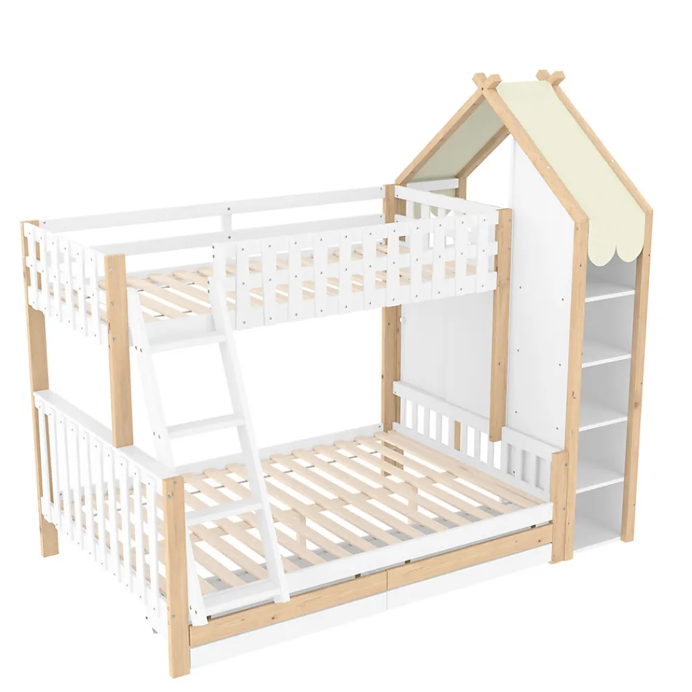 Lit Superposé 90x200 cm - Lit Enfant avec 2 Tiroirs et Barrières de Sécurité - Design Bois - Sans Matelas - Blanc+Naturel>Okwish Discount