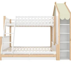 Lit Superposé 90x200 cm - Lit Enfant avec 2 Tiroirs et Barrières de Sécurité - Design Bois - Sans Matelas - Blanc+Naturel><noscript><img width=