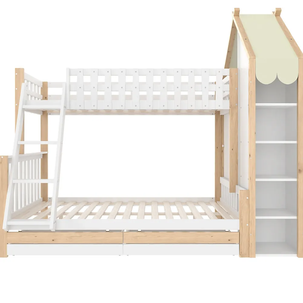 Lit Superposé 90x200 cm - Lit Enfant avec 2 Tiroirs et Barrières de Sécurité - Design Bois - Sans Matelas - Blanc+Naturel>Okwish Discount