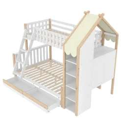 Lit Superposé 90x200 cm - Lit Enfant avec 2 Tiroirs et Barrières de Sécurité - Design Bois - Sans Matelas - Blanc+Naturel><noscript><img width=