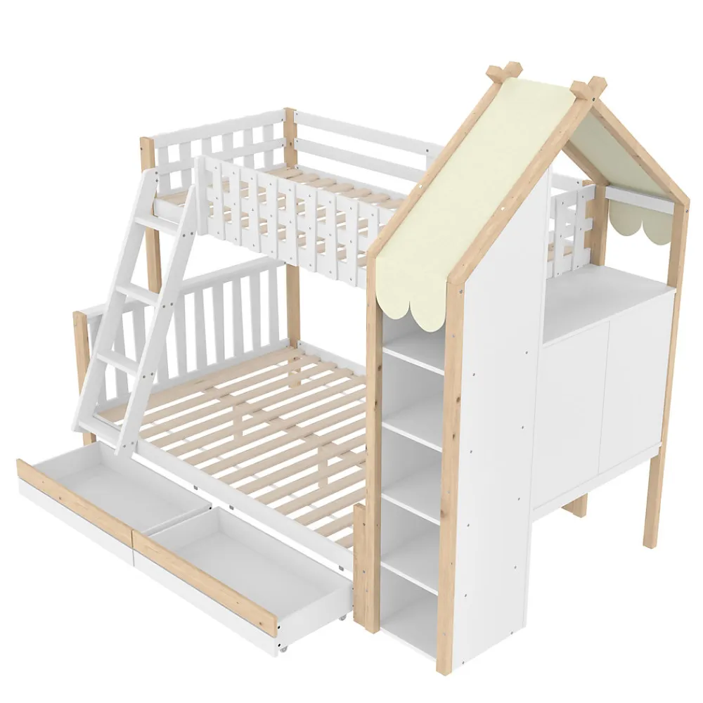 Lit Superposé 90x200 cm - Lit Enfant avec 2 Tiroirs et Barrières de Sécurité - Design Bois - Sans Matelas - Blanc+Naturel>Okwish Discount