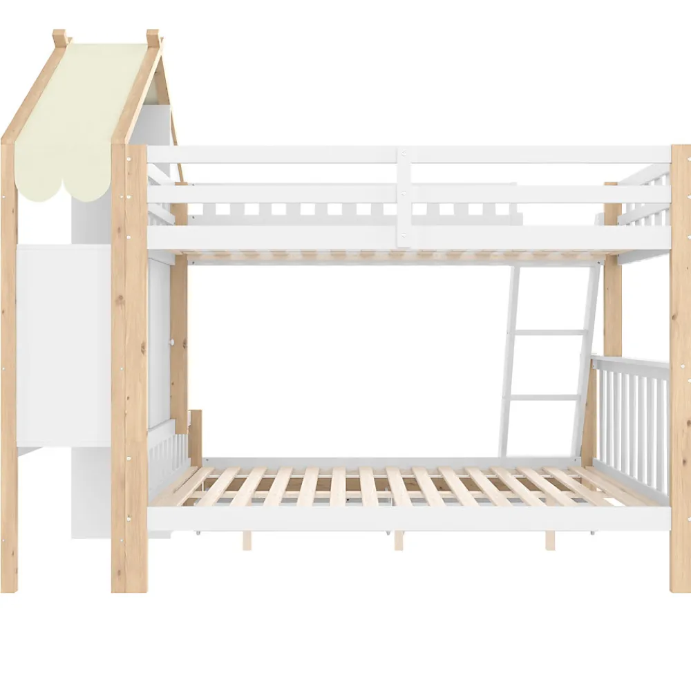 Lit Superposé 90x200 cm - Lit Enfant avec 2 Tiroirs et Barrières de Sécurité - Design Bois - Sans Matelas - Blanc+Naturel>Okwish Discount