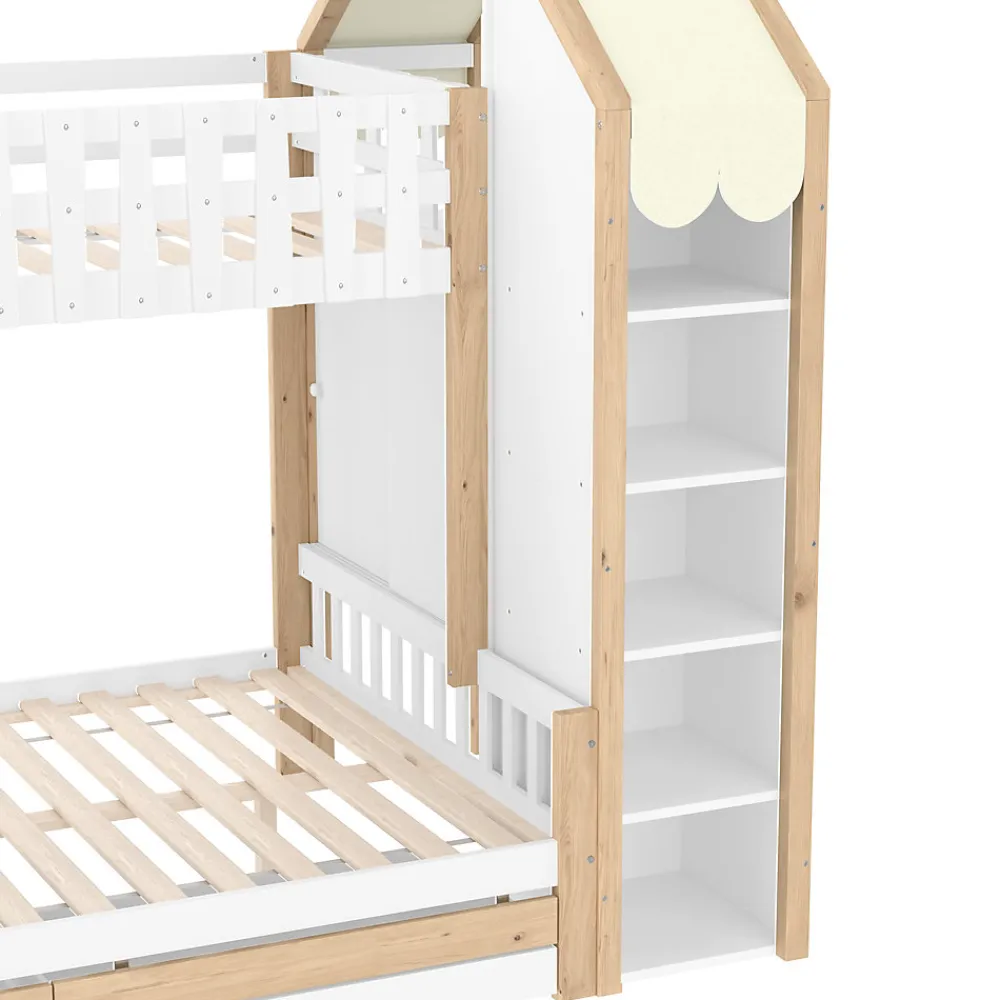 Lit Superposé 90x200 cm - Lit Enfant avec 2 Tiroirs et Barrières de Sécurité - Design Bois - Sans Matelas - Blanc+Naturel>Okwish Discount