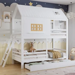 Lit Superposé 90x200 cm - Lit Enfant Cabane avec Toit, Fenêtres et Échelle, 2 Grands Tiroirs, MDF, Blanc et Naturel, sans Matelas>Okwish Sale