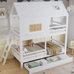 Lit Superposé 90x200 cm - Lit Enfant Cabane avec Toit, Fenêtres et Échelle, 2 Grands Tiroirs, MDF, Blanc et Naturel, sans Matelas>Okwish Sale