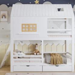 Lit Superposé 90x200 cm - Lit Enfant Cabane avec Toit, Fenêtres et Échelle, 2 Grands Tiroirs, MDF, Blanc et Naturel, sans Matelas><noscript><img width=