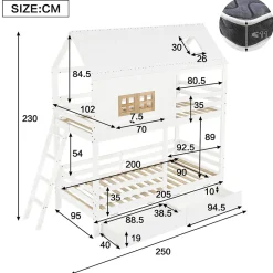 Lit Superposé 90x200 cm - Lit Enfant Cabane avec Toit, Fenêtres et Échelle, 2 Grands Tiroirs, MDF, Blanc et Naturel, sans Matelas><noscript><img width=