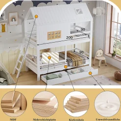 Lit Superposé 90x200 cm - Lit Enfant Cabane avec Toit, Fenêtres et Échelle, 2 Grands Tiroirs, MDF, Blanc et Naturel, sans Matelas><noscript><img width=