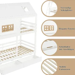 Lit Superposé 90x200 cm - Lit Enfant Cabane avec Toit, Fenêtres et Échelle, 2 Grands Tiroirs, MDF, Blanc et Naturel, sans Matelas><noscript><img width=