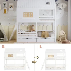 Lit Superposé 90x200 cm - Lit Enfant Cabane avec Toit, Fenêtres et Échelle, 2 Grands Tiroirs, MDF, Blanc et Naturel, sans Matelas><noscript><img width=