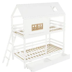 Lit Superposé 90x200 cm - Lit Enfant Cabane avec Toit, Fenêtres et Échelle, 2 Grands Tiroirs, MDF, Blanc et Naturel, sans Matelas><noscript><img width=