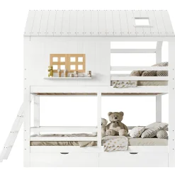 Lit Superposé 90x200 cm - Lit Enfant Cabane avec Toit, Fenêtres et Échelle, 2 Grands Tiroirs, MDF, Blanc et Naturel, sans Matelas><noscript><img width=