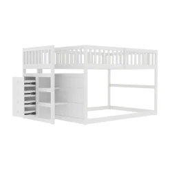 Generique Lit Superposé 140x200 cm - Lit Junior avec Rangement, Cadre en Bois avec Clôture, Sans Matelas, Blanc*Enfant Lit Enfant