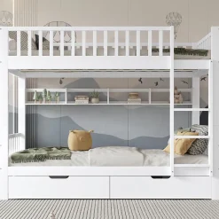 Lit superposé 90x200 cm - Lit simple avec rangement et étagères, tiroirs intégrés, structure en pin et MDF - Sans matelas - Blanc>Okwish