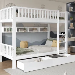 Lit superposé 90x200 cm - Lit simple avec rangement et étagères, tiroirs intégrés, structure en pin et MDF - Sans matelas - Blanc><noscript><img width=