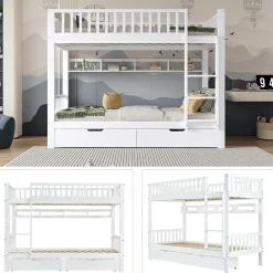 Lit superposé 90x200 cm - Lit simple avec rangement et étagères, tiroirs intégrés, structure en pin et MDF - Sans matelas - Blanc><noscript><img width=