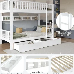 Lit superposé 90x200 cm - Lit simple avec rangement et étagères, tiroirs intégrés, structure en pin et MDF - Sans matelas - Blanc><noscript><img width=