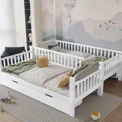 Lit superposé 90x200 cm - Lit simple avec rangement et étagères, tiroirs intégrés, structure en pin et MDF - Sans matelas - Blanc><noscript><img width=