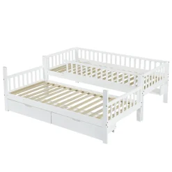 Lit superposé 90x200 cm - Lit simple avec rangement et étagères, tiroirs intégrés, structure en pin et MDF - Sans matelas - Blanc><noscript><img width=