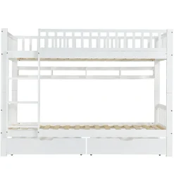 Lit superposé 90x200 cm - Lit simple avec rangement et étagères, tiroirs intégrés, structure en pin et MDF - Sans matelas - Blanc><noscript><img width=