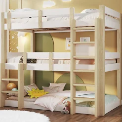 Lit superposé 90x190 cm - Lit triple - Avec échelle de sécurité - Blanc + naturel (matelas non inclus)>ModernLuxe Outlet