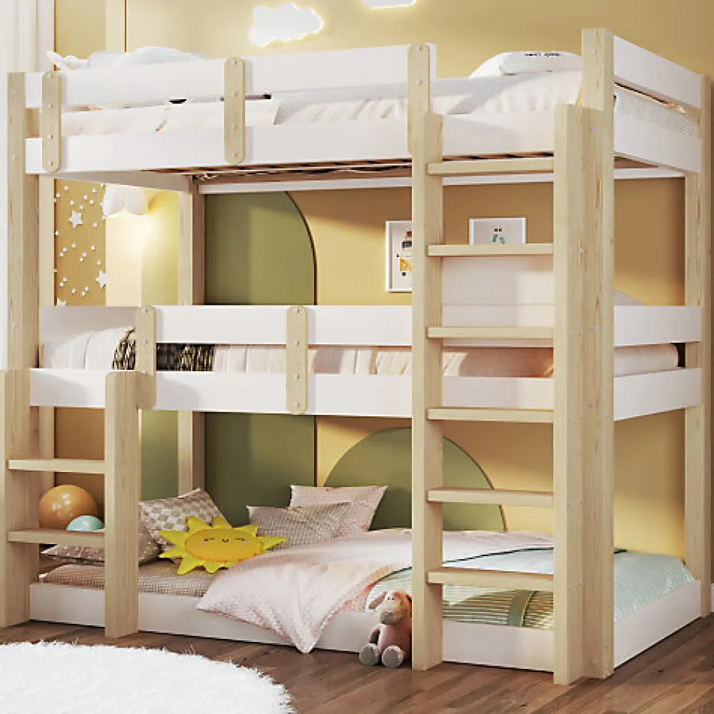 Lit superposé 90x190 cm - Lit triple - Avec échelle de sécurité - Blanc + naturel (matelas non inclus)>ModernLuxe Outlet