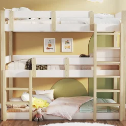 Lit superposé 90x190 cm - Lit triple - Avec échelle de sécurité - Blanc + naturel (matelas non inclus)>ModernLuxe Outlet