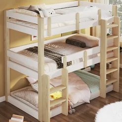 Lit superposé 90x190 cm - Lit triple - Avec échelle de sécurité - Blanc + naturel (matelas non inclus)><noscript><img width=