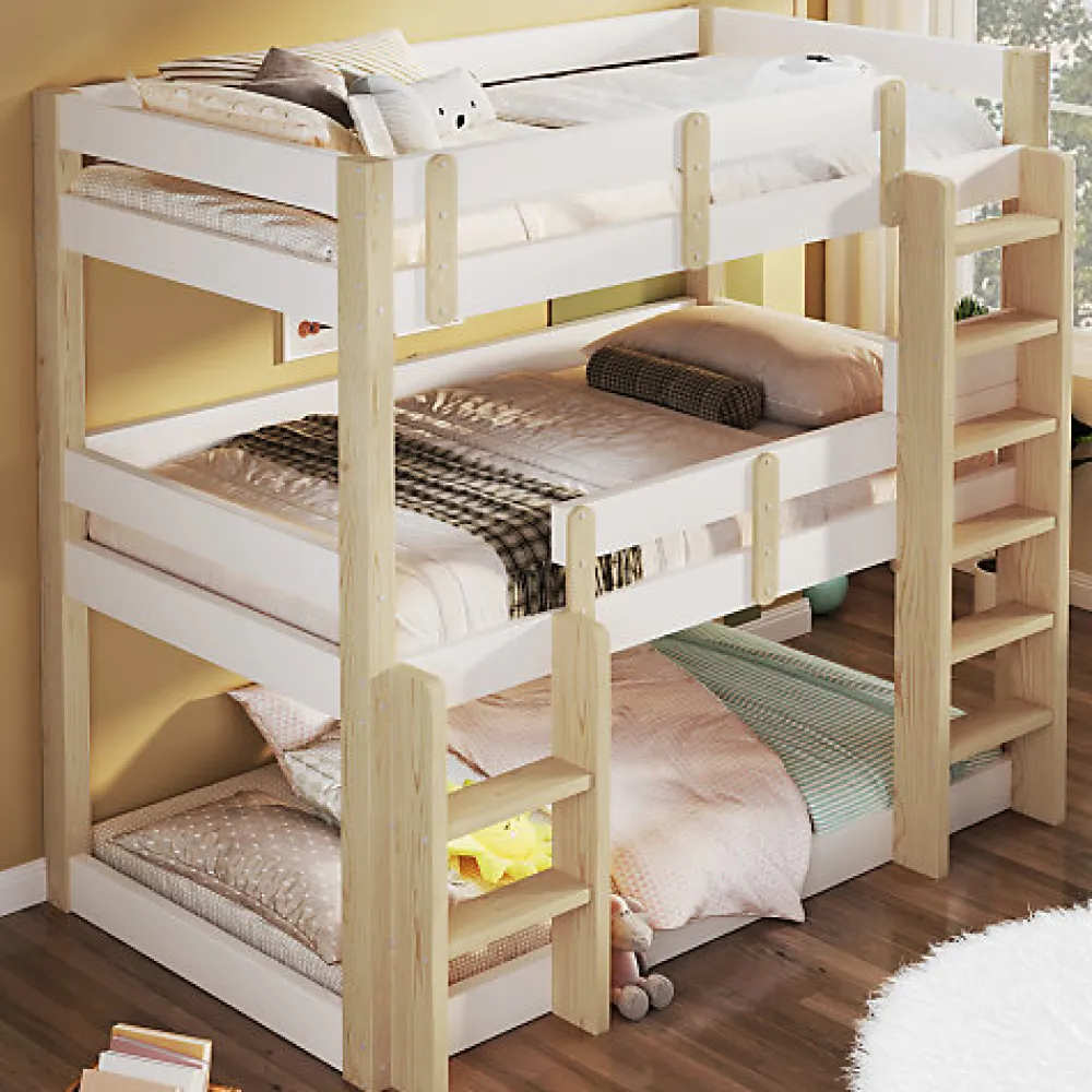 Lit superposé 90x190 cm - Lit triple - Avec échelle de sécurité - Blanc + naturel (matelas non inclus)>ModernLuxe Outlet